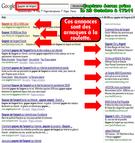 Arnaque à la roulette publiées sur Google.