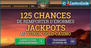 Casino Yukon Gold, pour votre 1er dépôt de 10 €, vous offre 125 tours gratuits.